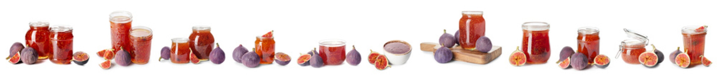 Set of sweet fig jam on white background