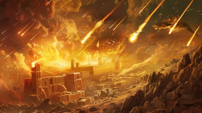Sodom and Gomorrah destroyed by sulfur meteorites falling from the sky in ancient times in high resolution and high quality