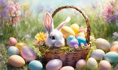 Naklejka na ściany i meble Happy Easter! Easter bunny and egg in field, spring holiday