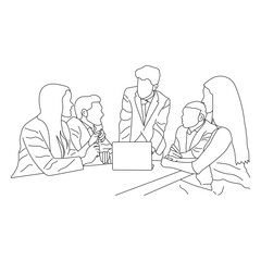Business meeting discussion between workers in the office hand drawn vector illustration line art design.
