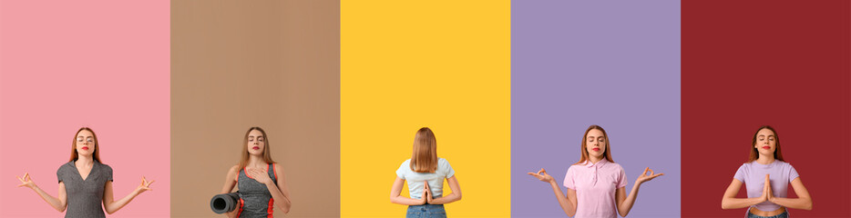 Set of meditating young women on color background. Zen concept