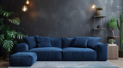 Mock up interior. Navy blue sofa in the living room. Ai generated image