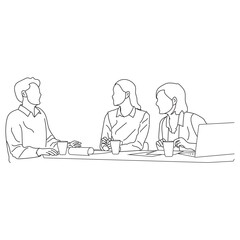 Business meeting discussion between workers in the office hand drawn vector illustration line art design.
