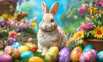 Fototapeta na wymiar Happy Easter! Easter bunny and egg in field, spring holiday