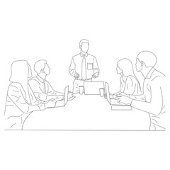 Business meeting discussion between workers in the office hand drawn vector illustration line art design.
