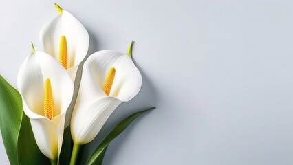 Fototapeta na wymiar Beautiful white calla lily flowers on gray background. Flat lay, top view, with copy space