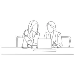 Business meeting discussion between workers in the office hand drawn vector illustration line art design.
