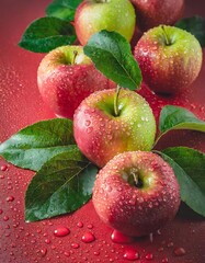 Dew-kissed apple green leaves on a red background create a refreshing and vibrant spectacle.