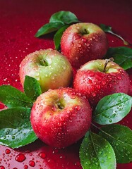 Droplets of water cling to vibrant green leaves, accentuating the freshness of apples against a red background.