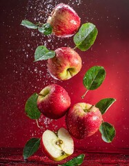 Droplets of water on green leaves enhance the appeal of apples, forming a delightful and refreshing composition.