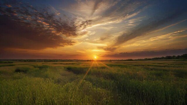 Golden Horizon: Sunset casting warm glow over rural field, painting sky in hues of blue and orange, amidst green grass and wheat, with fluffy clouds drifting above, a tranquil countryside scene