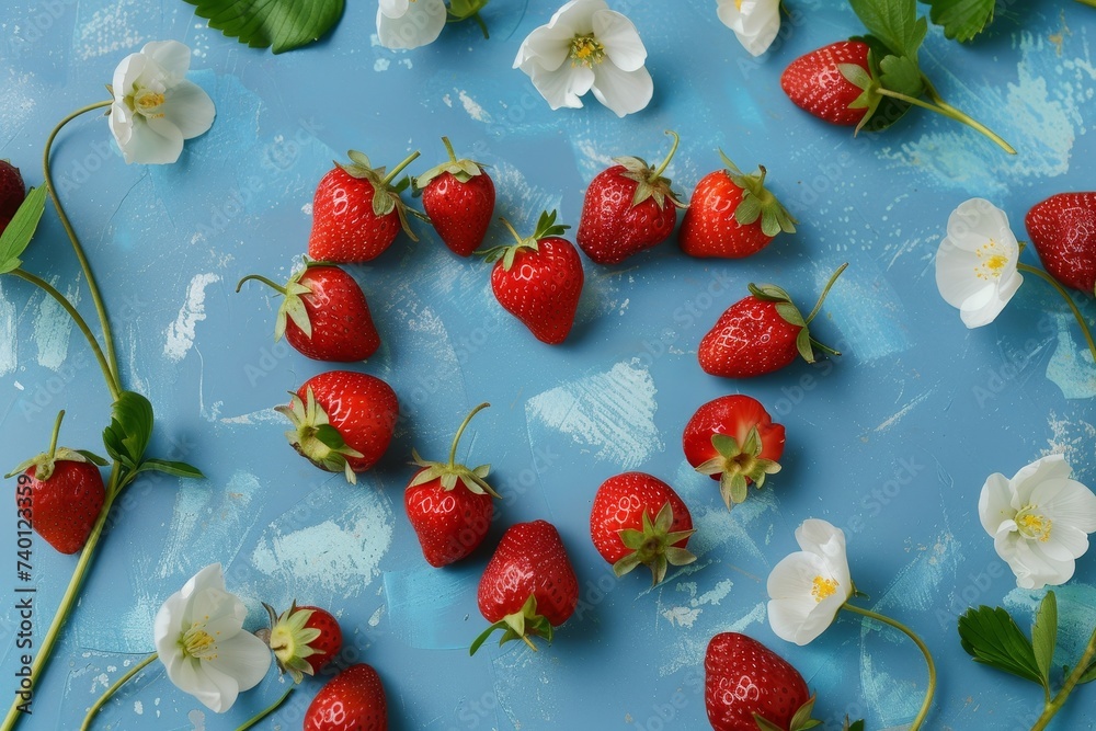 Poster a picturesque scene featuring ripe strawberries and delicate flowers resting on a vibrant blue surfa