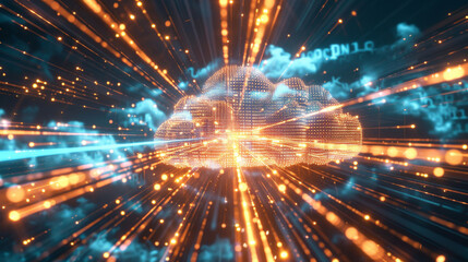 Fototapeta premium cloud computing hologram, highlighted with blue and golden lights, dominates the foreground