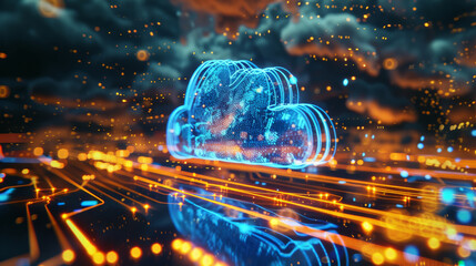cloud computing hologram, highlighted with blue and golden lights, dominates the foreground