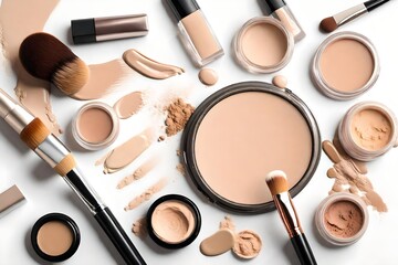 Liquid foundations, makeup brush, swatches and face powder on white background, flat lay