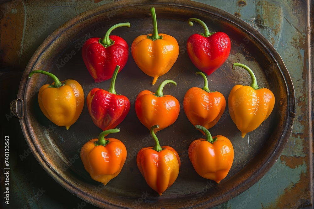 Poster a plate filled with colorful peppers resting on top of a table. The vibrant peppers create a visually appealing display