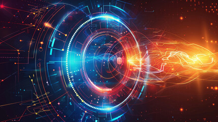 Obraz premium cloud computing hologram, highlighted with blue and golden lights, dominates the foreground