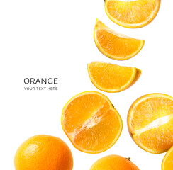 Creative layout made of orange juice on the white background. Flat lay. Food concept. Macro concept.