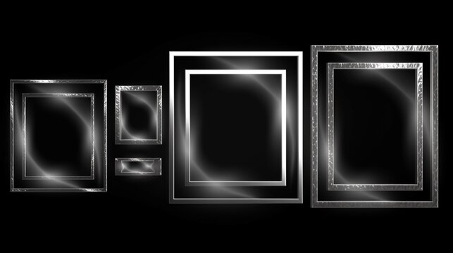Silver shiny frame set isolated on dark transparent.Generative AI