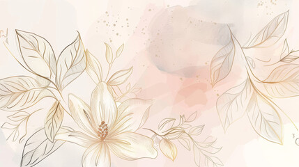 background in a minimal style, featuring golden line art depicting a sophisticated arrangement of flowers and leaves.