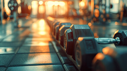 Row of graduated dumbbells on rack in fitness center, focus on the weights with a glowing warm light - obrazy, fototapety, plakaty