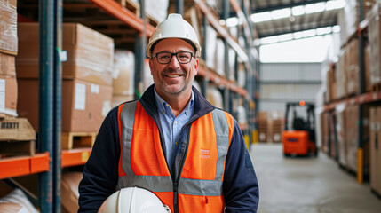 An experienced safety supervisor in a hard hat and high-visibility vest smiles confidently in the warehouse, with a forklift and packages in the background.