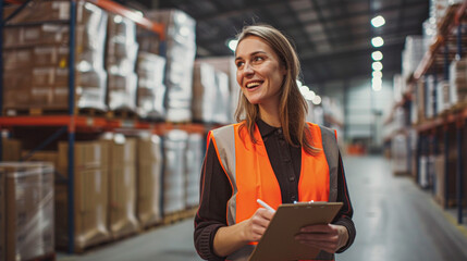 A focused female logistics coordinator in a high-visibility vest takes notes in a bustling warehouse.