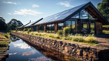 Obraz premium Nature's Embrace: Rustic cabin finds harmony with solar power and a tranquil pond.