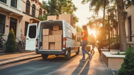 Efficient movers unloading boxes from van outdoors   trusted moving service for deliveries.