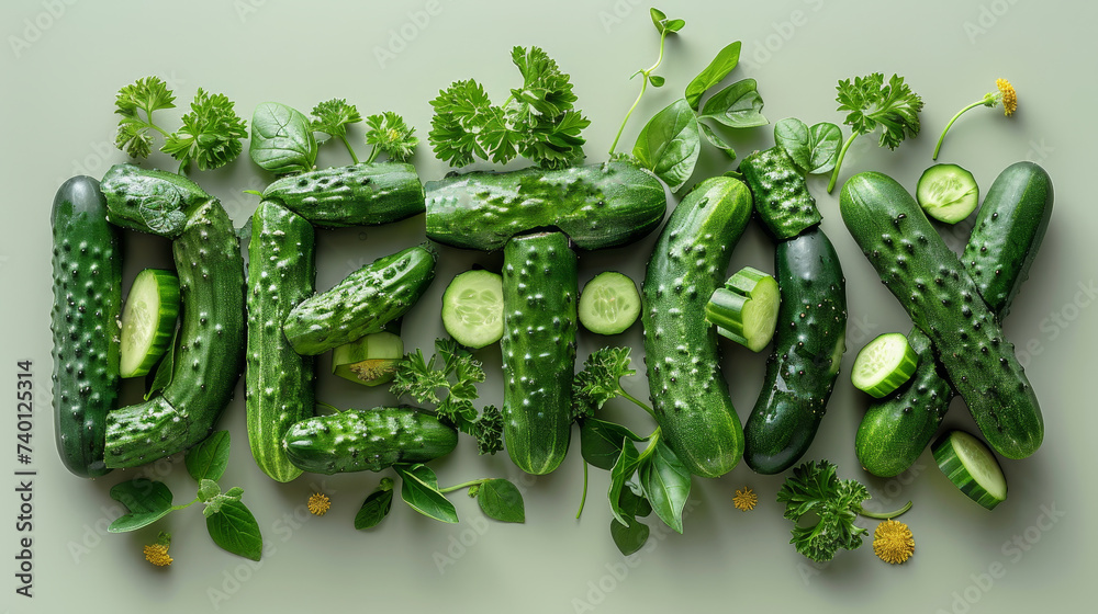 Poster detox word from a group of cucumbers lying on a table in a natural formation
