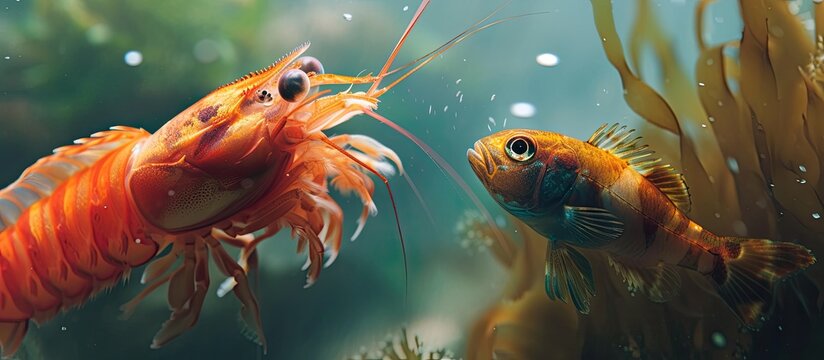 This photo captures a chatty shrimp and a talkative fish engaging in an underwater conversation as they swim side by side.
