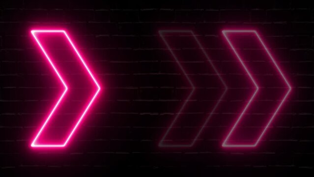 Realistic neon arrows. 3d render, abstract minimalist geometric arrow background.  Glowing neon motion sign, outline