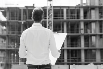 back 45 year old architect in deep thoughts in front of a construction site of a building holding a folder in his hands, 