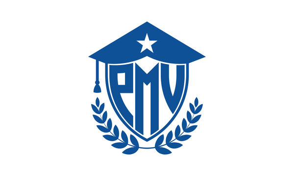 PMV three letter iconic academic logo design vector template. monogram, abstract, school, college, university, graduation cap symbol logo, shield, model, institute, educational, coaching canter, tech