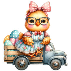 Obraz premium Cute illustrated chick with glasses and a bow, dressed in a floral dress, holding an Easter egg 