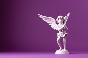 A whimsical Cupid statue equipped with a bow, standing against a monochromatic purple background. Cupid Statue with Bow on Purple Backdrop - obrazy, fototapety, plakaty