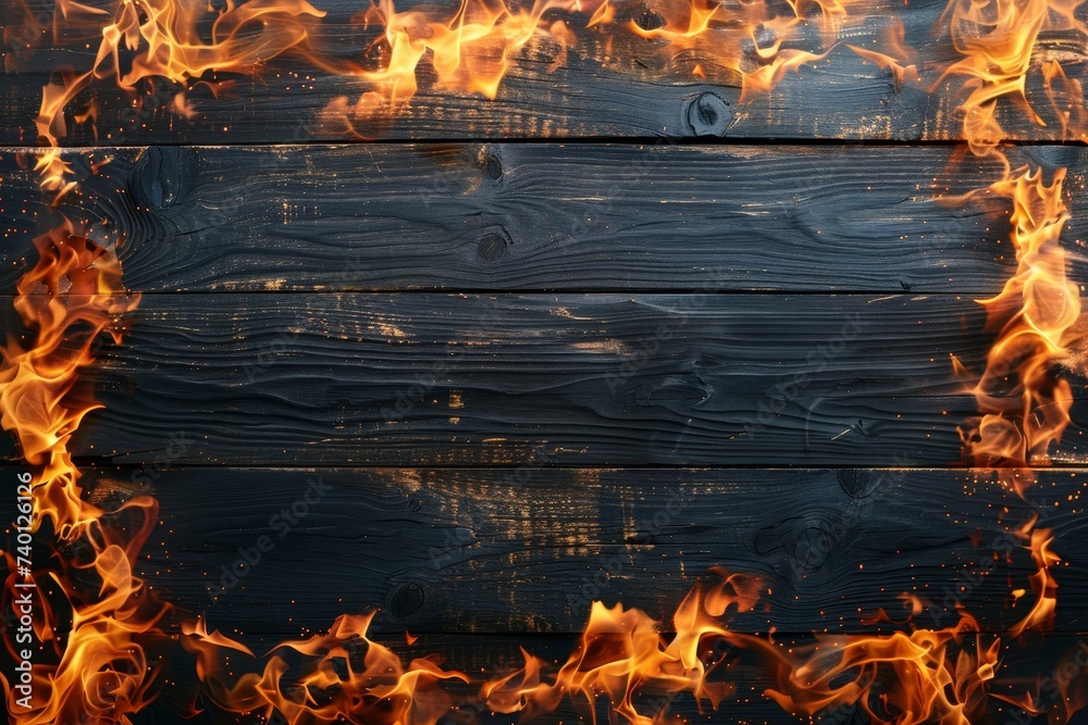 Fototapete red fire frame on a rustic wooden background. the flames dance inside the frame, casting a warm glow
