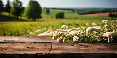 Empty rustic old wooden boards table copy space with sheep grazing on meadow in background