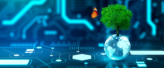 Tree with butterfly growing on crystal globe. Digital Convergence and and Technology Convergence. Blue light, binary and network background. Green Computing, Green Technology, Green IT, csr, and IT et