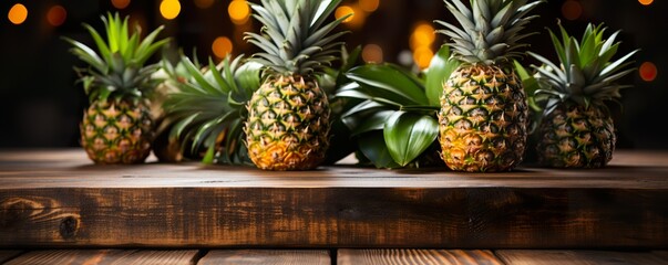 Empty rustic old wooden boards table copy space with pineapple fruits on desk, blurred tropical...