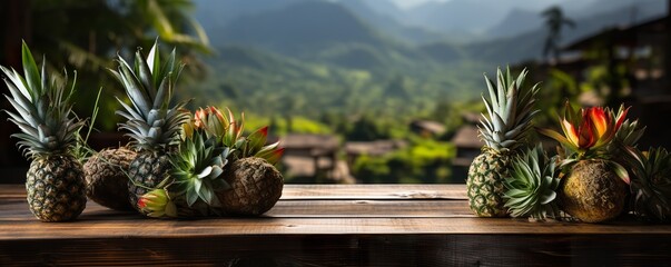 Empty rustic old wooden boards table copy space with pineapple fruits on desk, blurred tropical jungle background.