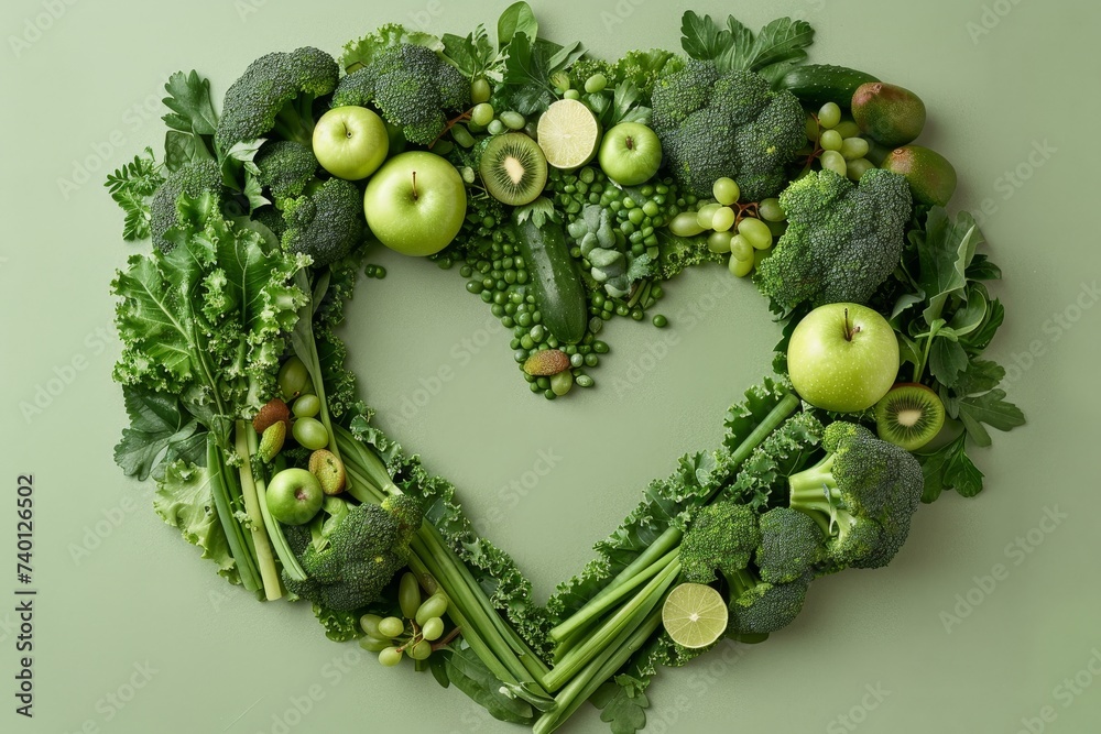 Aufkleber meticulously arranged heart-shaped composition of various fresh vegetables and fruits, creating a visually appealing and symbolically meaningful image