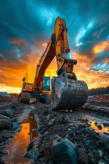 Foto op Plexiglas Amidst an industrial construction site, a yellow bulldozer with a shovel excavates under the sunset sky. © Andrii Zastrozhnov