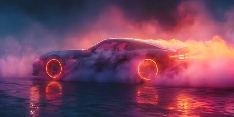 Vibrant neon smoke trails behind drifting cars with sleek wheels outdoors. Concept Car Photography, Neon Lights, Smoke Trails, Drifting, Outdoor Shoot