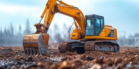 Foto op Canvas In the industrial excavation site, heavy machinery like bulldozers and loaders work tirelessly under the sky. © Andrii Zastrozhnov