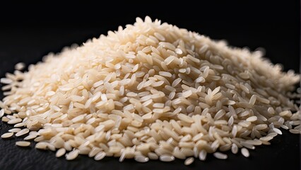 a pile of white rice isolated on a black background. Ensure the rice grains are clearly visible and sharply defined against the dark backdrop, creating a striking contrast