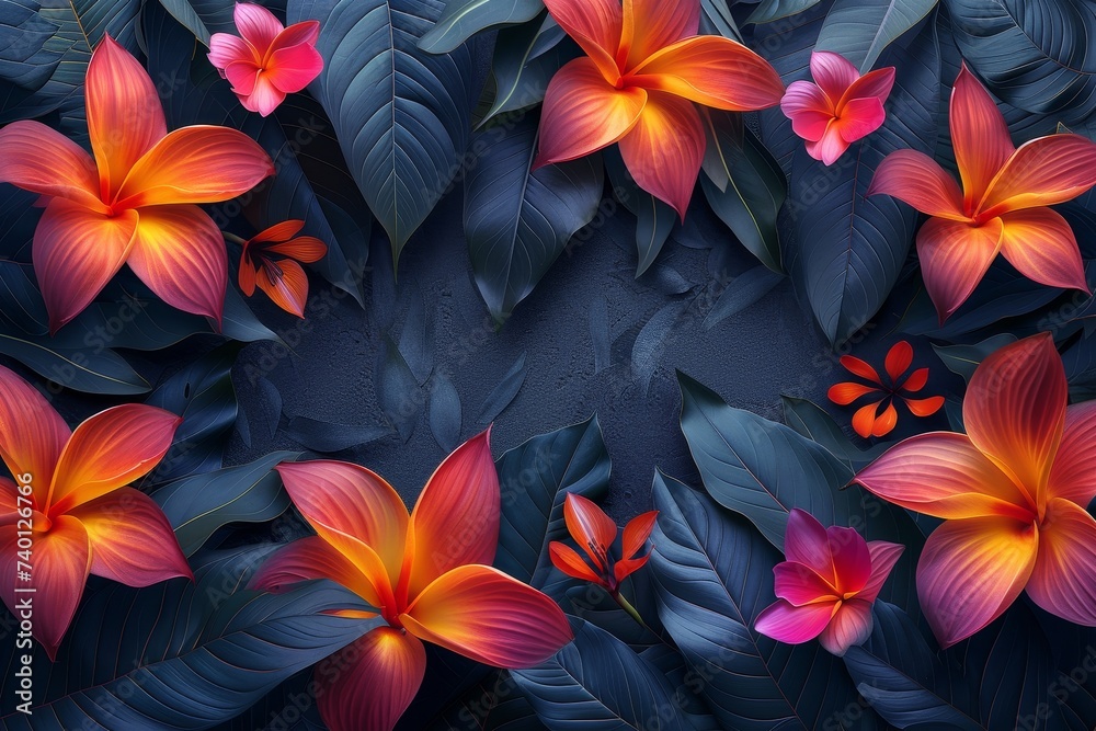 Aufkleber A vibrant bunch of plumeria flowers resting on a bed of lush green leaves, creating a harmonious and natural display of color and texture in the serene setting