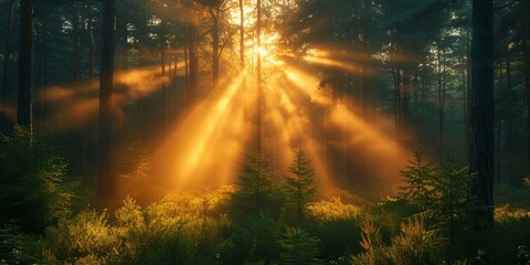 A tranquil forest scene illuminated by morning sunlight, with mist adding a mystical touch to the greenery.