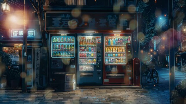 A vending machine crafted from metal and glass, captures attention with its sleek and modern design. Lined with an array of beverages,drink and snacks, seamless time lapse