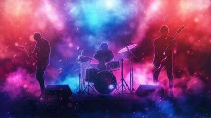Silhouetted Band Performing on Stage with Vibrant Concert Lights and Energetic Crowd